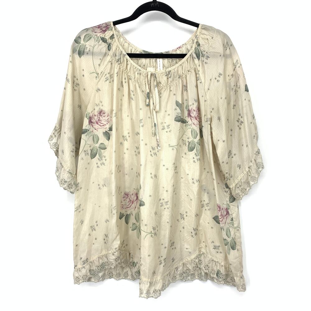 Johnny Was Vintage Collection Floral Rose Peasant Blouse L 100% Silk Boho Tunic